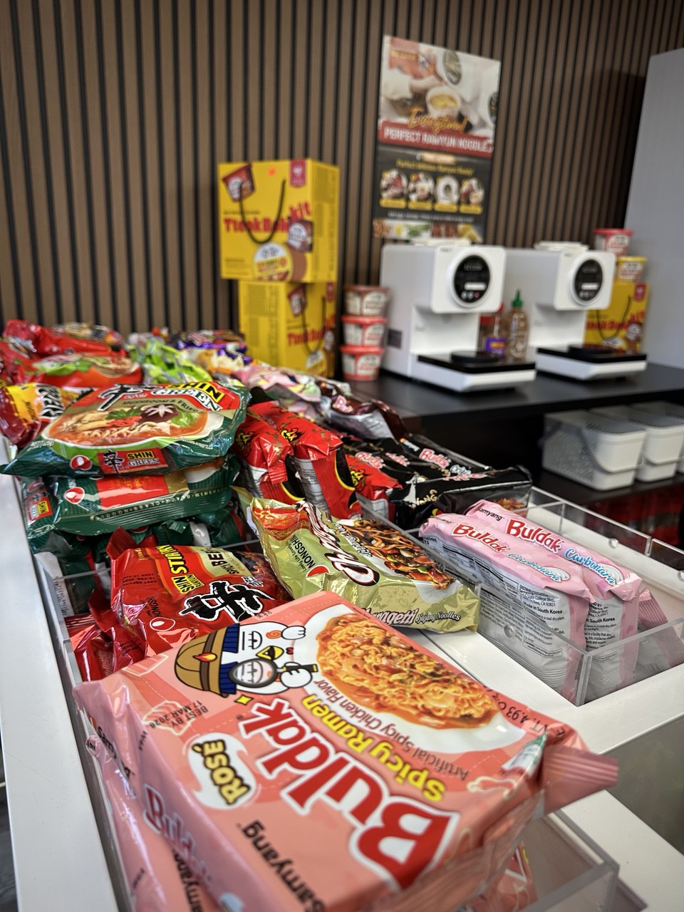 Ramyun bags and selection, instant ramyun station